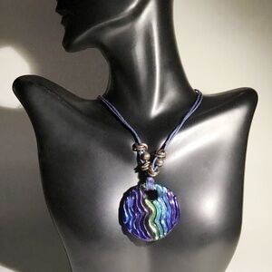 Glass Pendant Necklace with Iridescent Peacock Colors